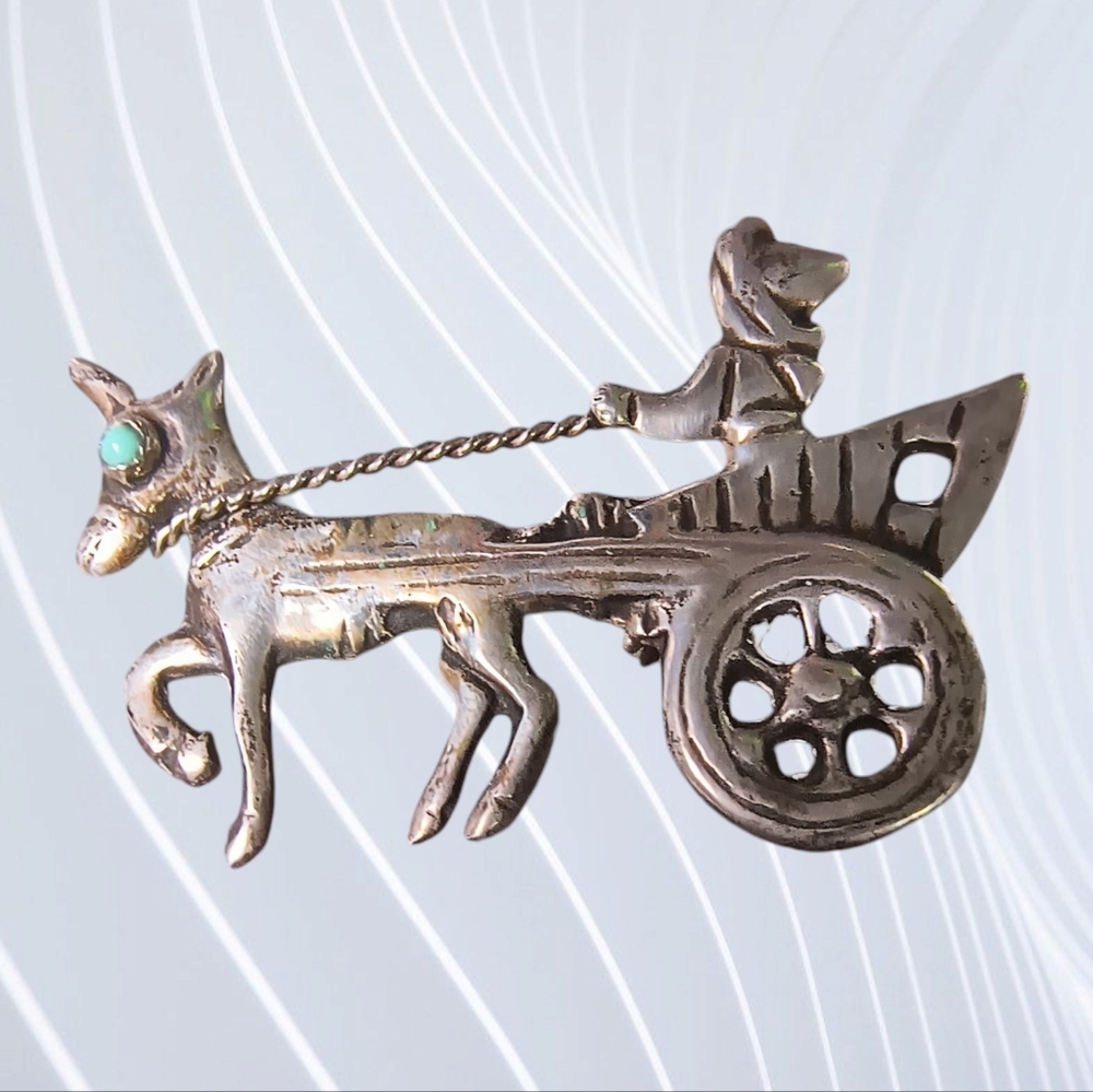 Vintage Mexico 900 Silver & Turquoise Donkey Cart Brooch
